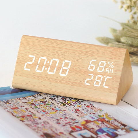 Triangle Humidity and Temperature LED Wood Alarm Clock