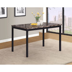 Faux marble top dining table with metal straight legs.