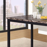 Faux marble top dining table with metal straight legs.