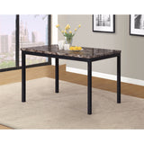 Faux marble top dining table with metal straight legs.