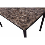 Faux marble top dining table with metal straight legs.